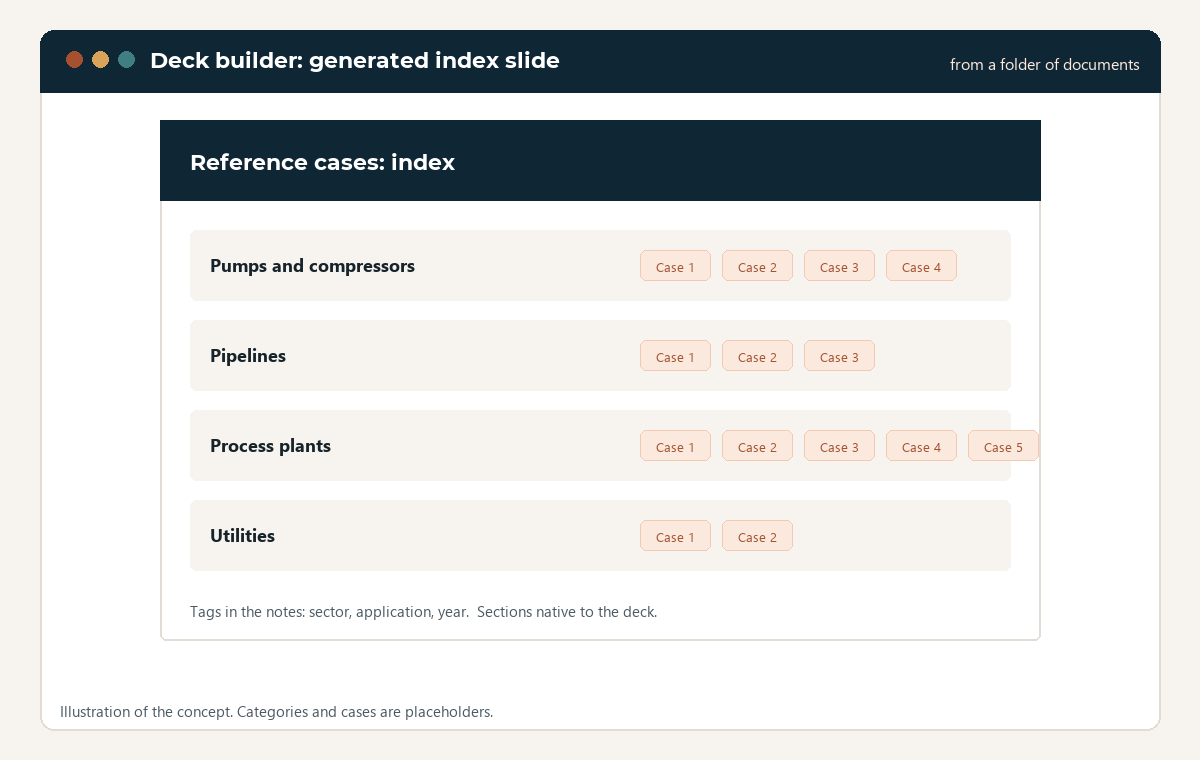 Illustration of a generated index slide listing reference cases grouped by category, with tags noted in the slide notes.